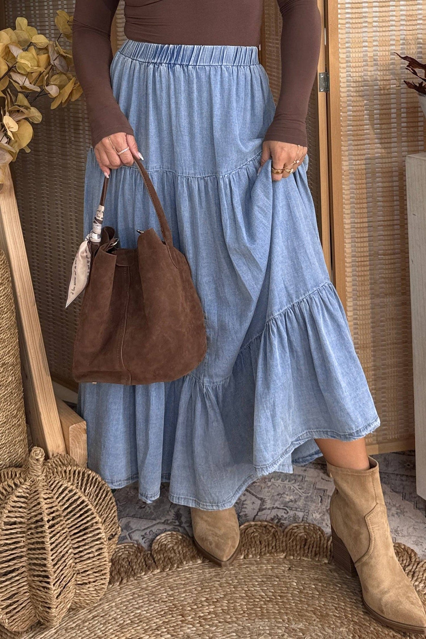 Tiered Denim Maxi Skirt