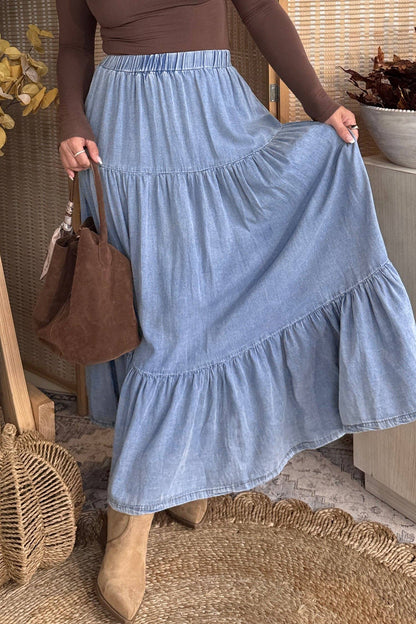 Tiered Denim Maxi Skirt