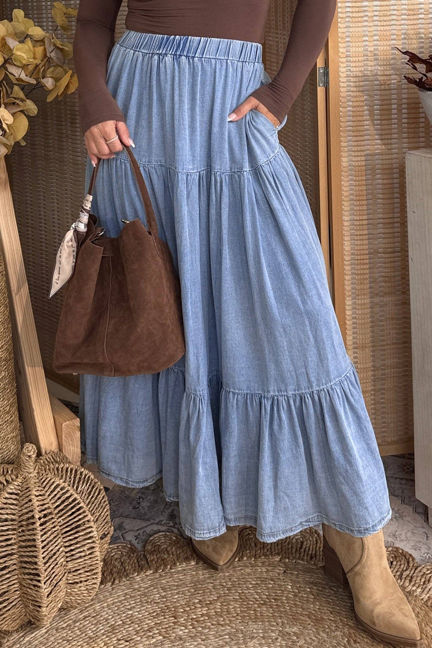 Tiered Denim Maxi Skirt