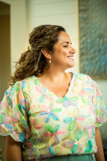 The Lynette -Sequined Floral Bubble Sleeve Top