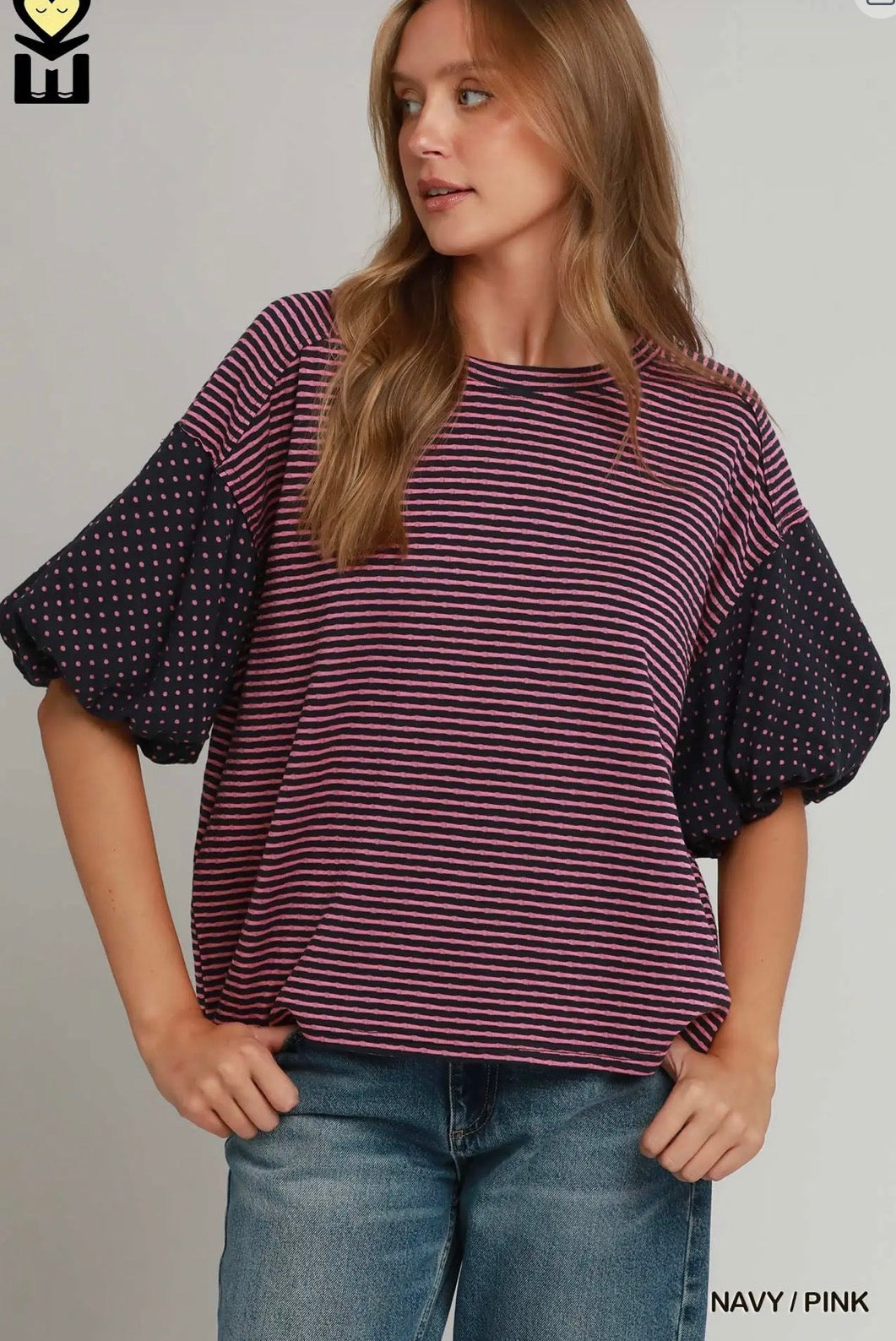 Navy & Pink Striped Polka Dot Top