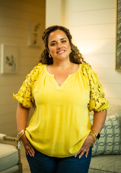 The Audrey- 3D Golden Yellow Floral Puff Sleeve Top