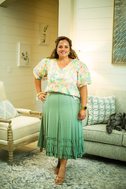 The Lynette -Sequined Floral Bubble Sleeve Top