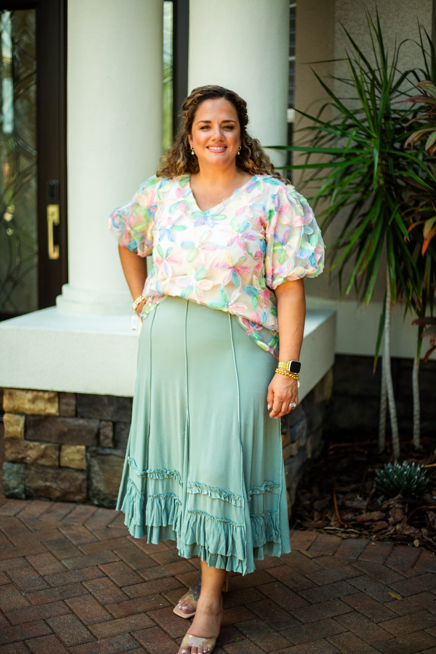 The Lynette -Sequined Floral Bubble Sleeve Top