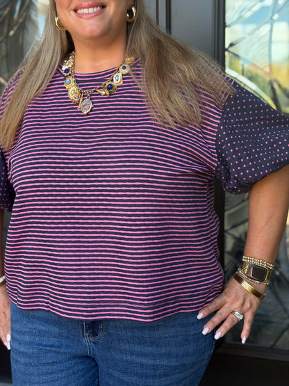 Navy & Pink Striped Polka Dot Top
