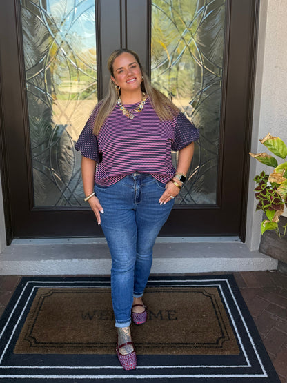 Navy & Pink Striped Polka Dot Top