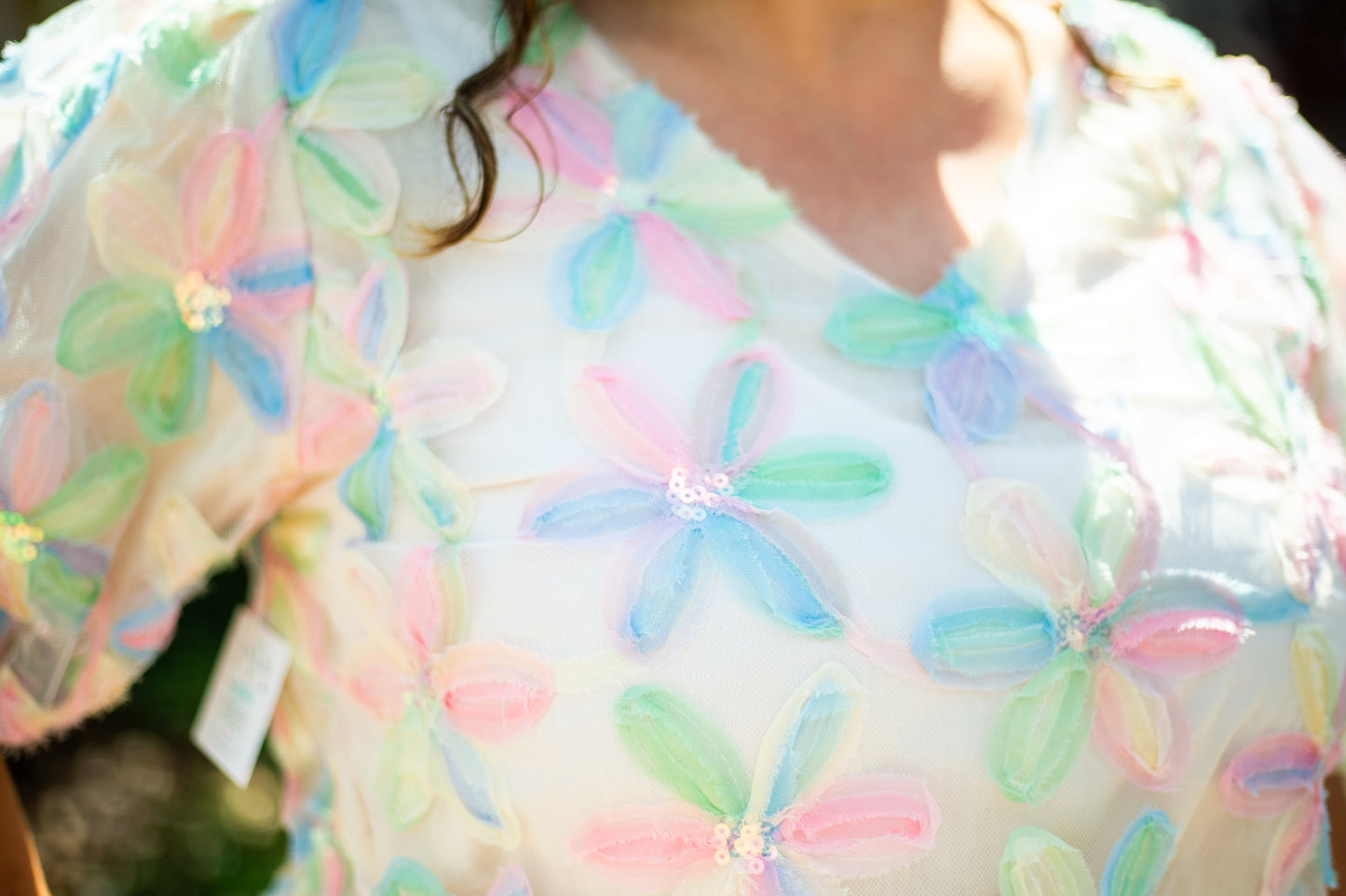 The Lynette -Sequined Floral Bubble Sleeve Top