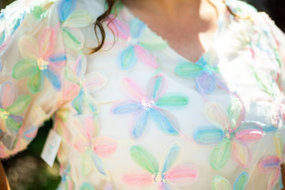 The Lynette -Sequined Floral Bubble Sleeve Top