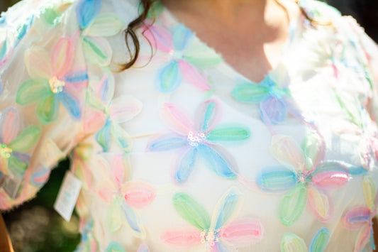 The Lynette -Sequined Floral Bubble Sleeve Top