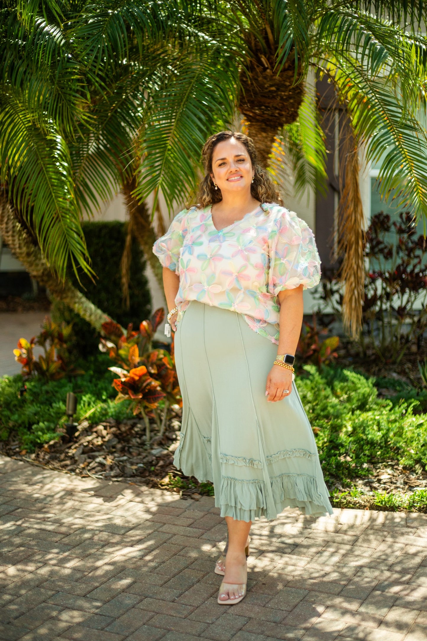 The Lynette -Sequined Floral Bubble Sleeve Top