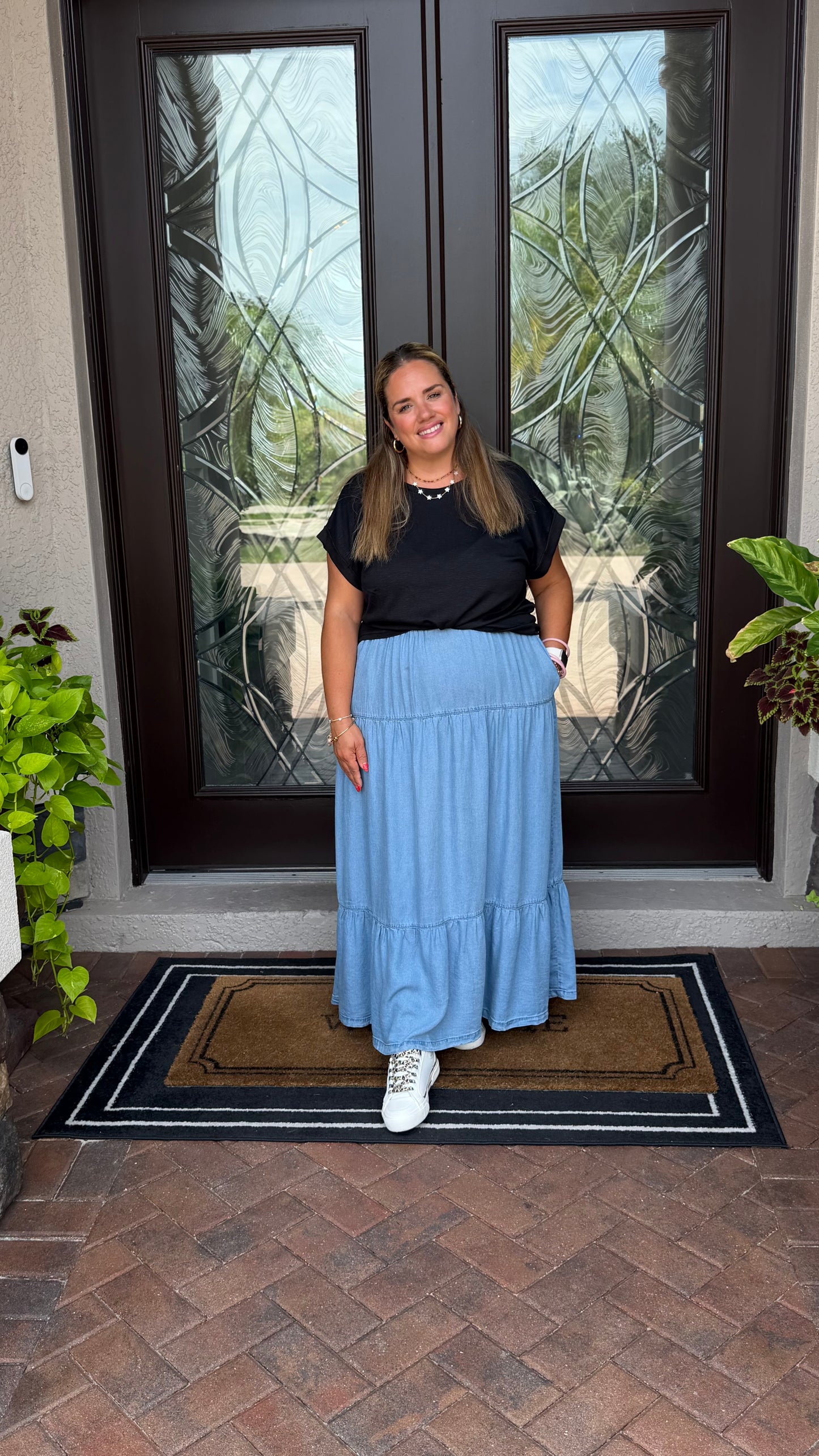Tiered Denim Maxi Skirt