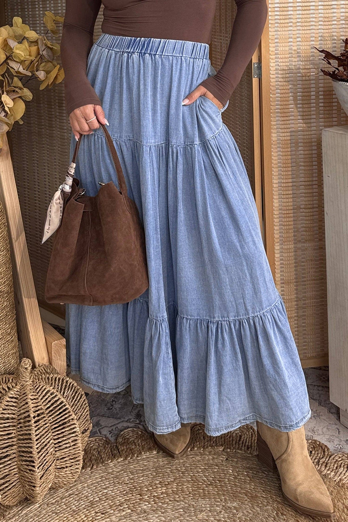 Tiered Denim Maxi Skirt