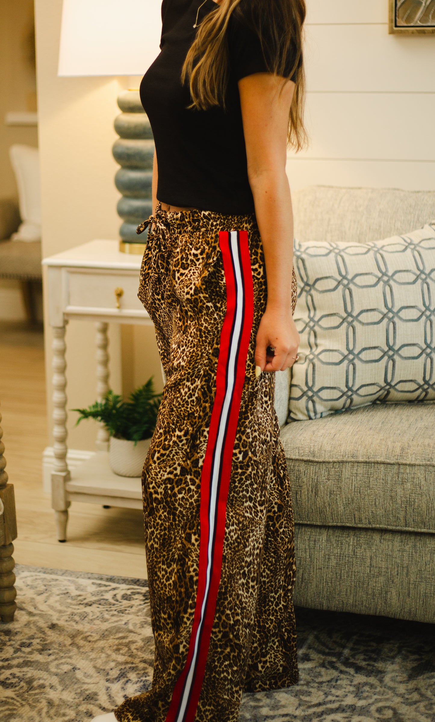 Leopard Print Pants with Red Panel