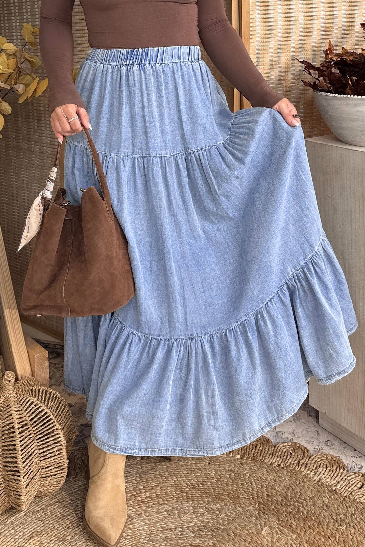 Tiered Denim Maxi Skirt