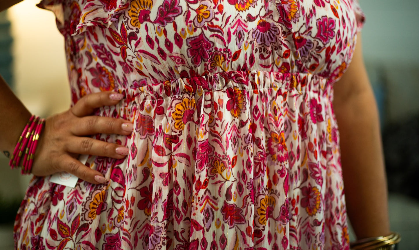 Metallic Floral V-Neck Dress