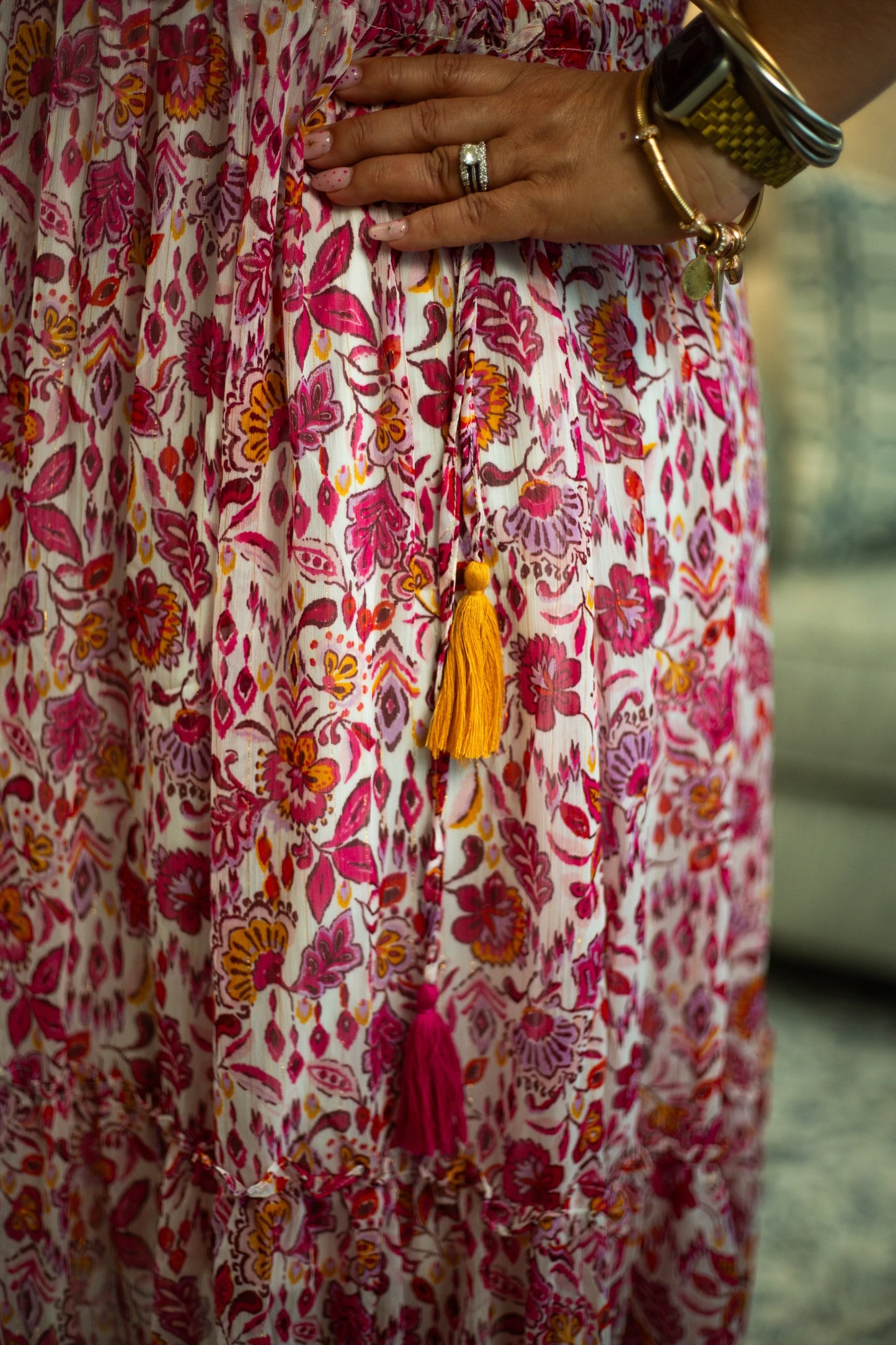 Metallic Floral V-Neck Dress