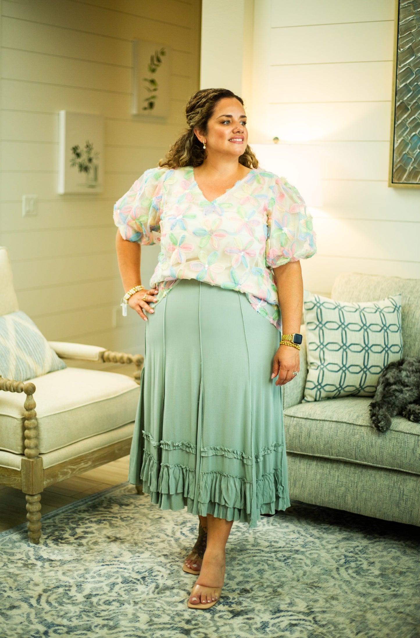 The Lynette -Sequined Floral Bubble Sleeve Top