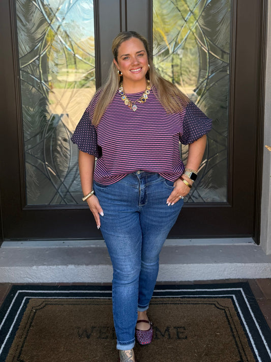 Navy & Pink Striped Polka Dot Top