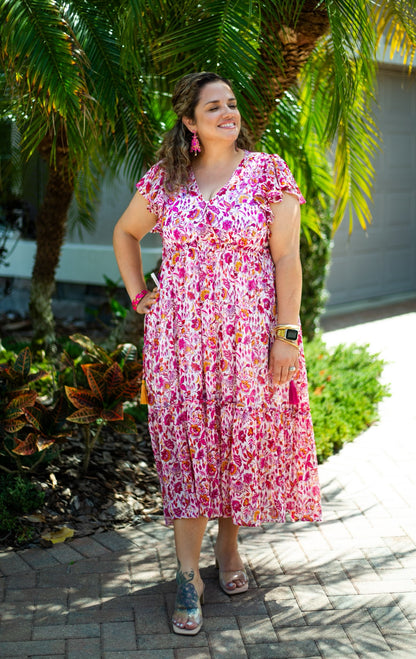 Metallic Floral V-Neck Dress