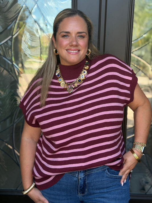 Burgundy & Pink Striped Sweater