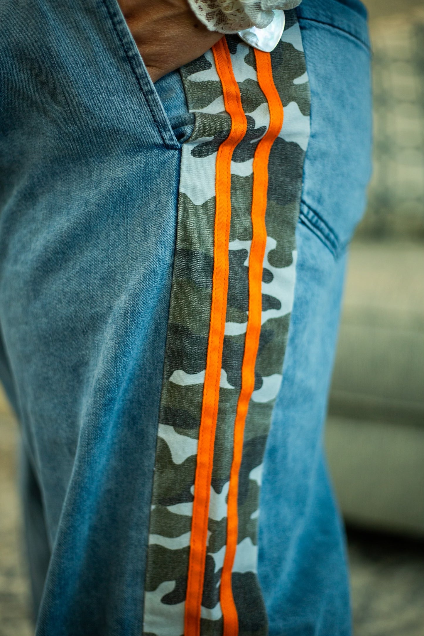 Camo Side Stripe Wide Leg Denim