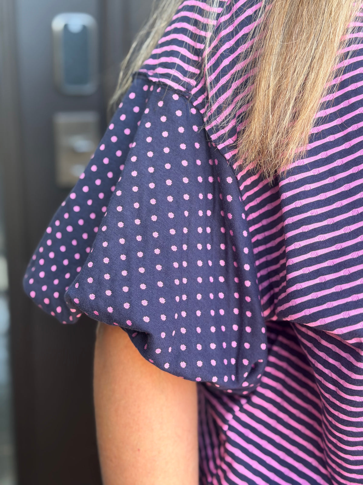 Navy & Pink Striped Polka Dot Top